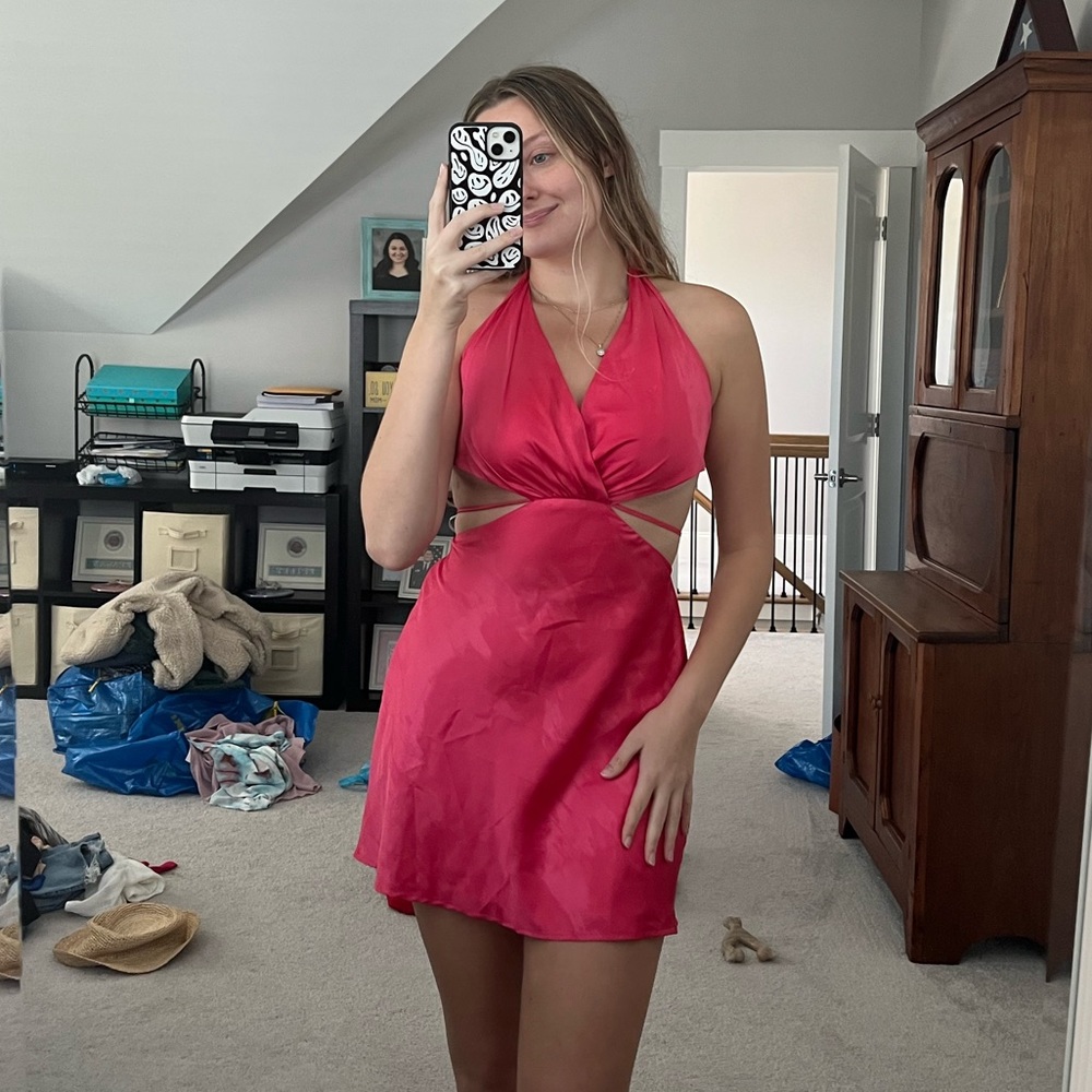 Hot Pink Wrap Top Cut Out Mini Dress